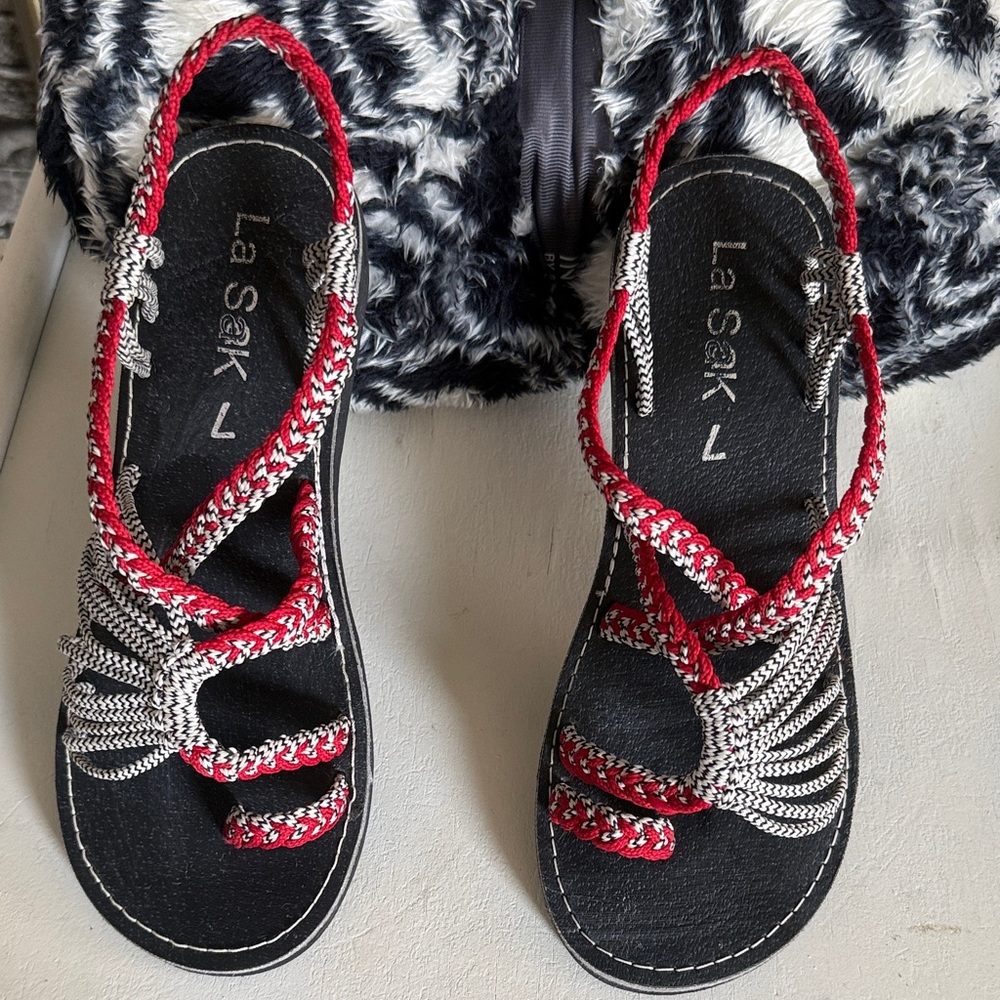 The Sak Red and Black Braided Slingback Sandals